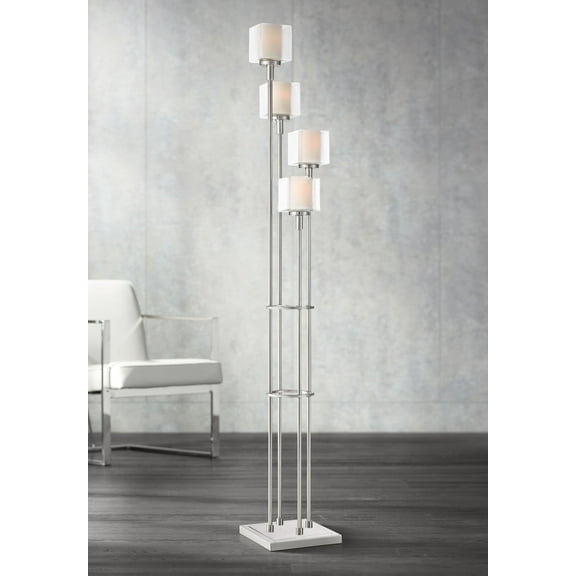 Possini Euro Design Athena Modern Floor Lamp 72" Tall Brushed Nickel 4 Light Tree Clear Outer Opal Inner Double Glass Shade for Living Room Bedroom