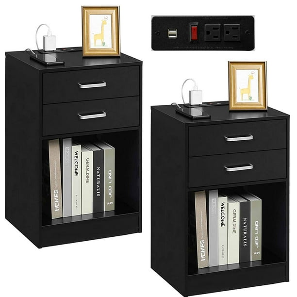 Set of 2 Black Nightstand with 2 Drawers for Bedroom, End Table Side Stand with Charging