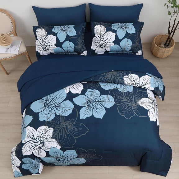 Navy Blue Comforter Set Full Size, 7 Pieces Bed in a Bag Navy Blue Floral Comforter and Sheet Set, Soft Microfiber Complete Bedding Sets for All Seasons