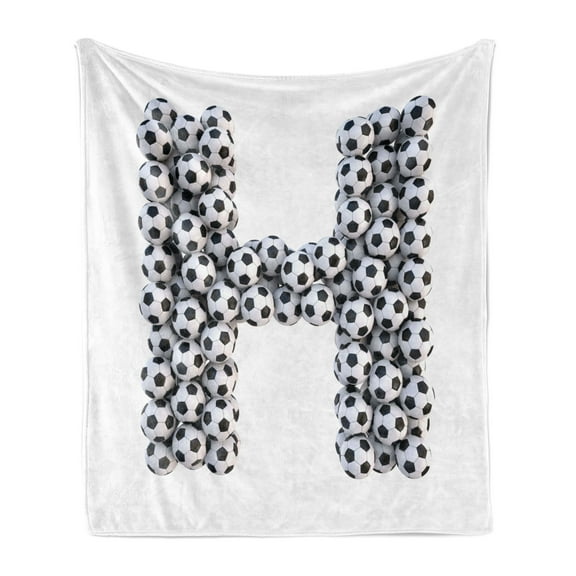 Letter H Soft Flannel Fleece Blanket, Soccer Balls Arrangement Game Day Theme Abstract Composition with Uppercase H, Cozy Plush for Indoor and Outdoor Use, 50" x 70", Black and White, by Ambesonne