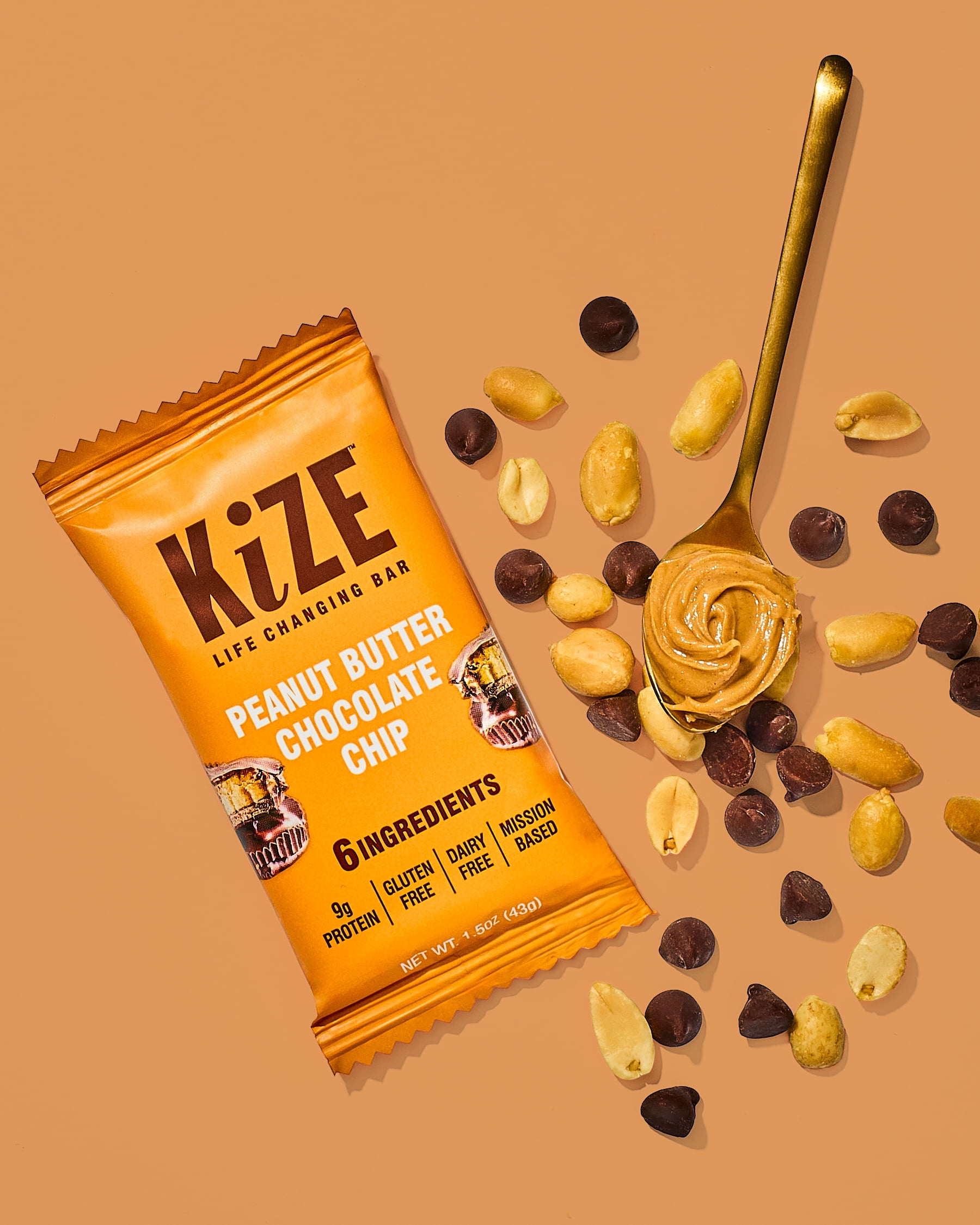 KiZE Life Changing Bar, Peanut Butter Chocolate Chip, 6 ingredients, Dairy Free, Gluten Free, 1.5oz Bar (10 count)