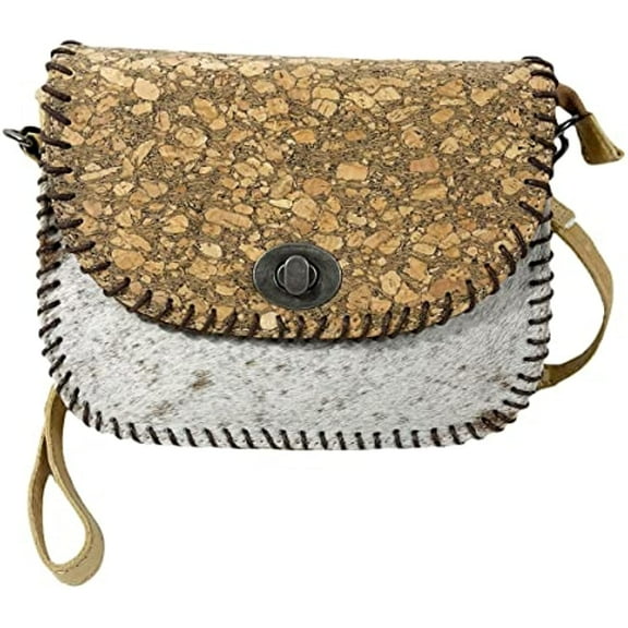 Urbalabs Western Crossbody Purse Genuine CowHair Cork Flap Leather Handbag Tote Bag Women Zipper Hand Stitched (Tan)