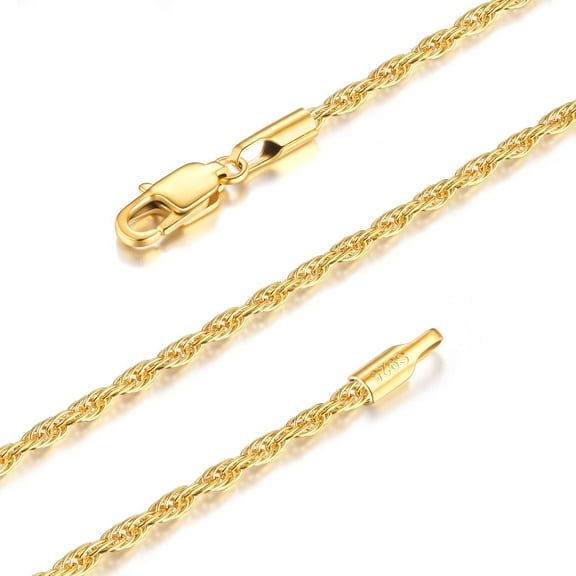Italian Solid 18K Gold Over Sterling Silver Chain Necklace ideal for Women, Skin-Safe Gold Rope Chain for Women, 1.5mm/2.5mm Non Tarnish Women's Chain Necklaces 16 18 20 22 24 26 Inch[g021]