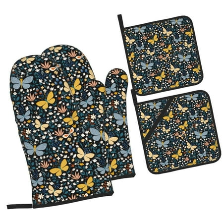 

Honeii Flowers Butterfly Pattern Oven Mitts and Pot Holders Silicone Oven Gloves 500 F Heat Resistant Oven Mitts Sets 4PCS