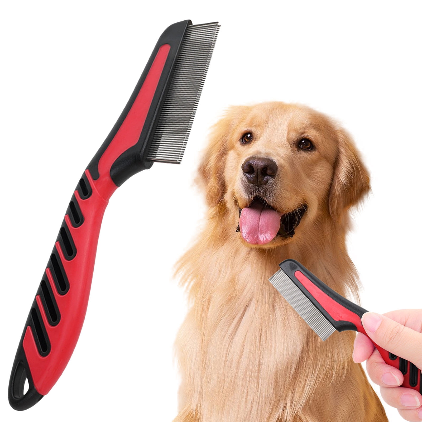 Pet Flea Comb, Double Row Flea Comb for Dogs and Cats with Long Handle, Lice and Parasite Removal Comb for Pets, Pet Grooming Comb for Fleas, Lice and Dirt