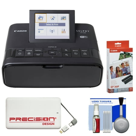 Black Camera Printer - Canon SELPHY CP1300 Wi-Fi Wireless Compact Photo Printer (Black) with KP-36IP Color Ink Paper Set + Power Bank + Kit