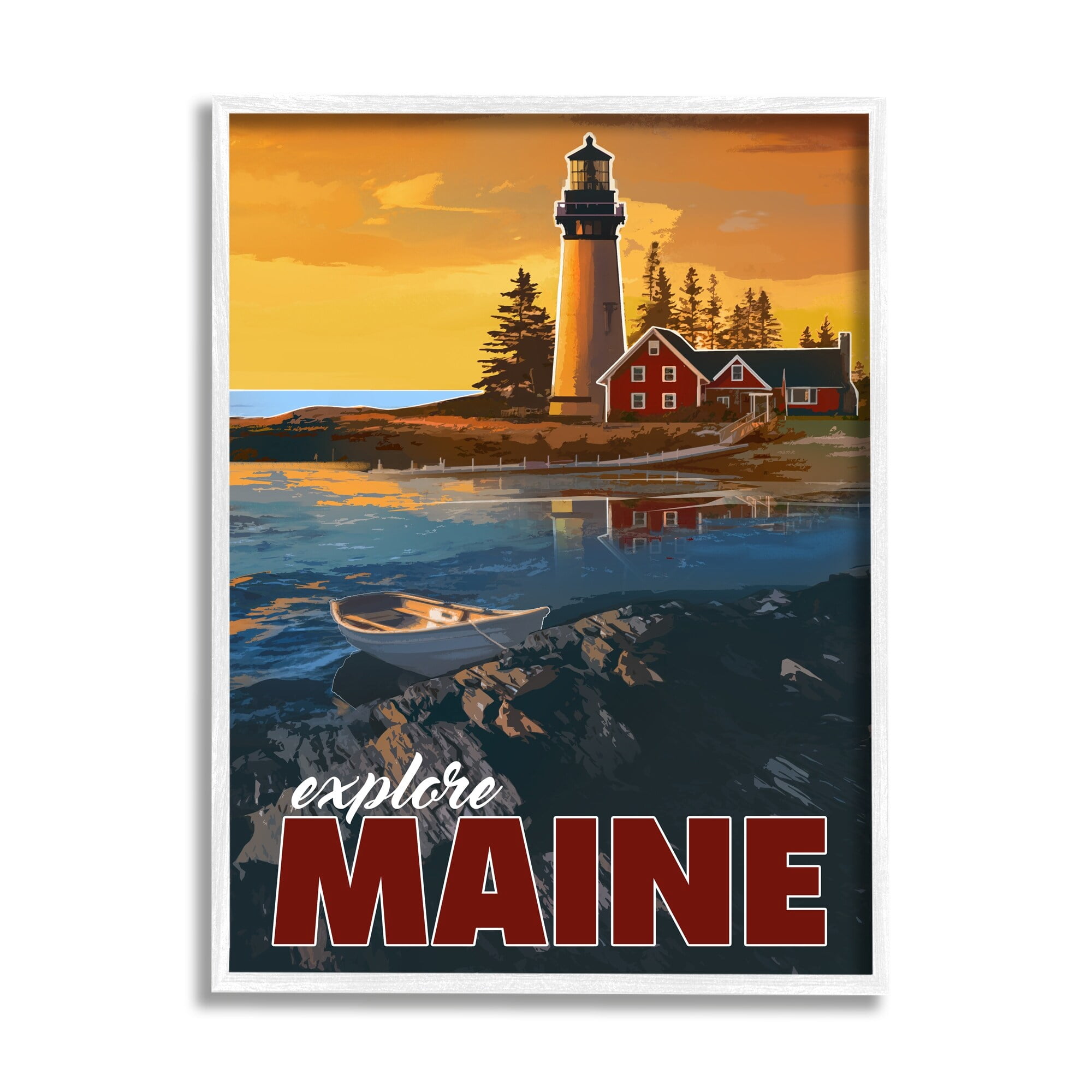 Stupell Industries Explore Maine Distant Ocean Lighthouse Beacon Travel Graphic Art White Framed Art Print Wall Art, Design by David Owens Illustration
