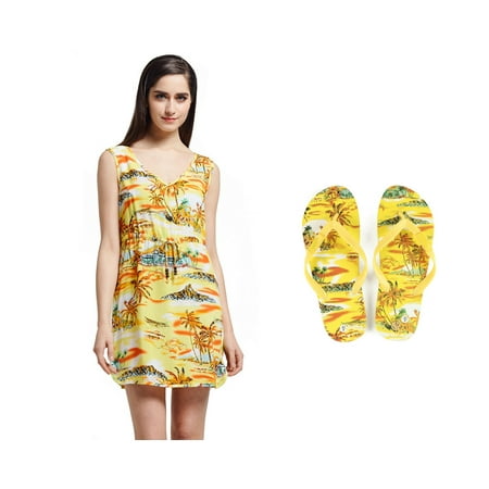 Lady Matching Hawaiian Luau Outfit Aloha Tunic Dress and Flip Flops in Sunset Yellow Tunic Dress S Sandal 6