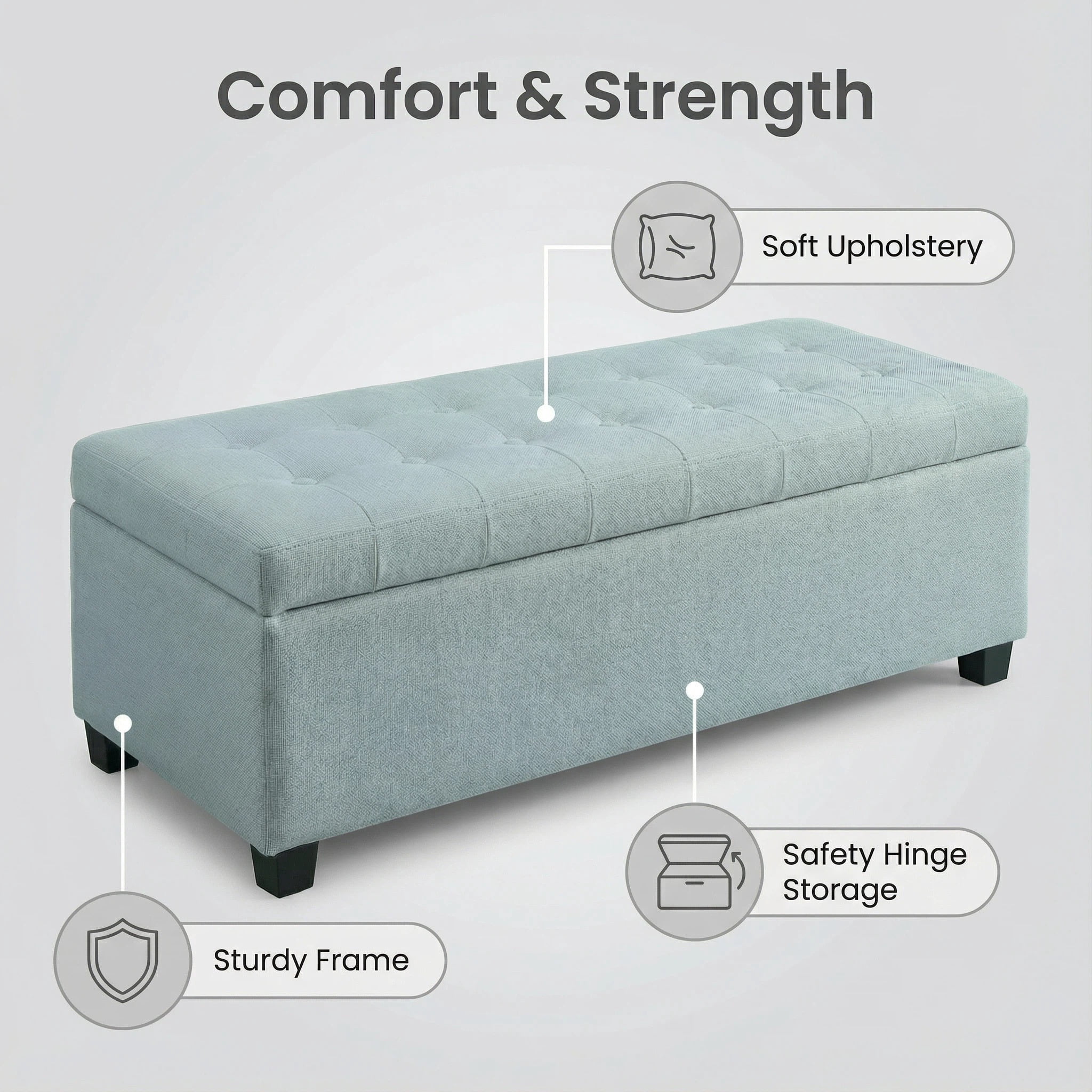 Storage Ottoman Bench, Tufted Ottoman, Bench with Safety Hinges and Wooden Legs, Solid Wood Frame for Bedroom, Living Room, Entryway, 49.75 Inch Wide, Baby Blue