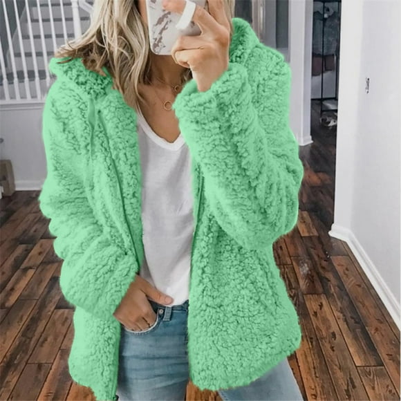 Aboser Women Fuzzy Fleece Coat with Hood Solid Color Winter Coats Warm Fur Shearling Jackets Soft Zip Up Outerwear with Pocket