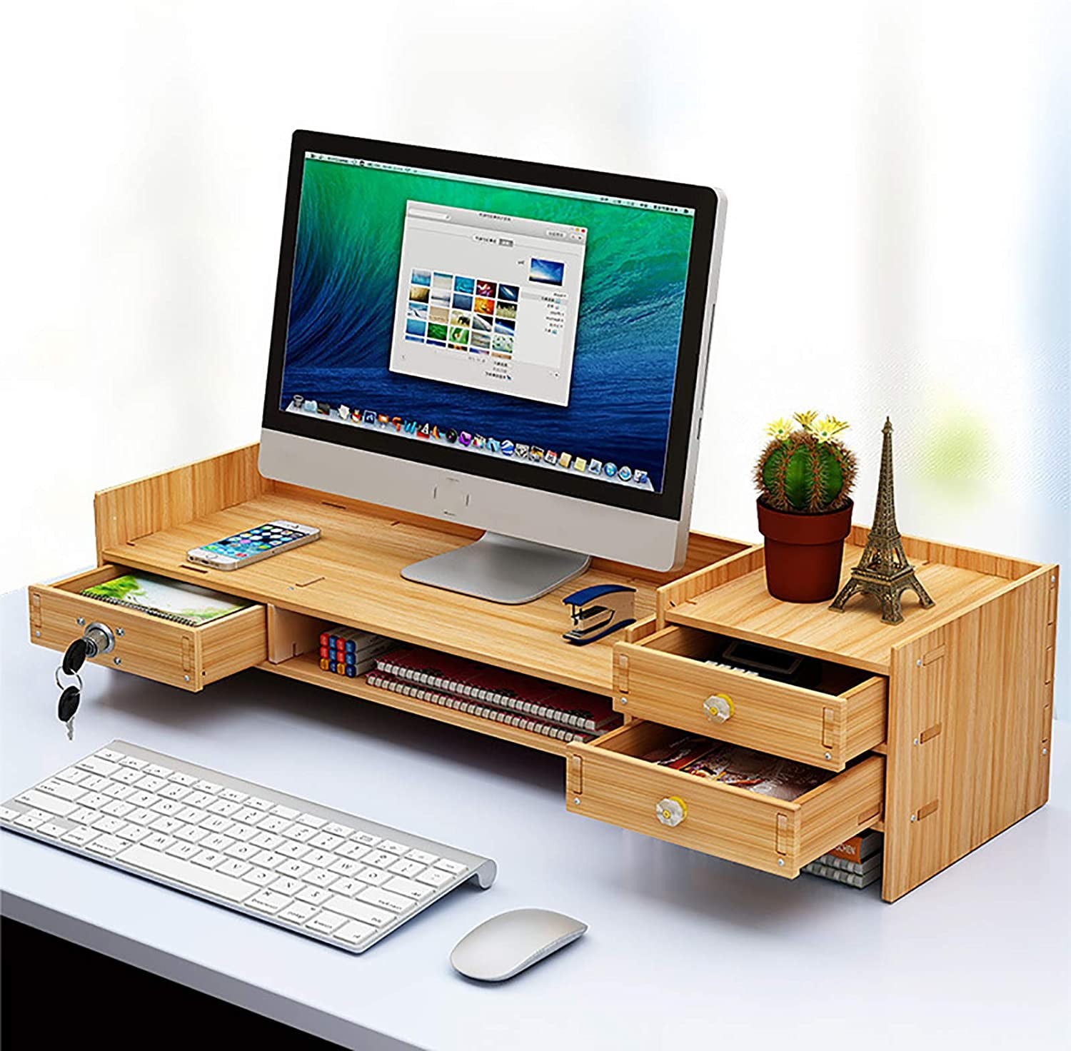 Blue DIY Hensych® Detachable Office Desk Organiser With Drawers Wood Board Desktop Shelf 2 Paper Files Magazine Slots and 4 Compartments Storage Boxes 
