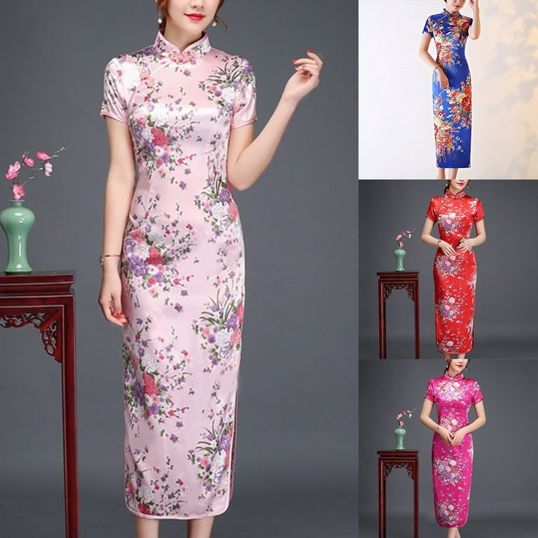Chinese Style Long Dress Qipao Short sleeved in Slim Fit and Long Weaved Walmart