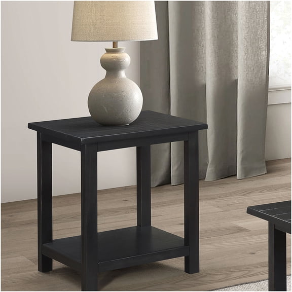 Castleton Distressed Black Wood End Table with Lower Shelf, Modern Farmhouse Accent Table for Living Room