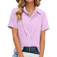 thumbnail image 4 of BRGZLK Women's Cotton Linen Shirt Turn Down Collar Short Sleeve Button Down Roll Up Loose Fit Casual Comfy Summer Beach Vacation Tops Pink M, 4 of 5