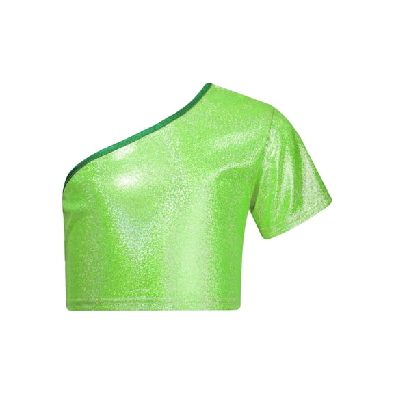 Nyeemya Kids Girls Boys Jazz Hip-hop Dance Top One Shoulder Metallic Crop Top T-Shirt Stage Fluorescent Green 110