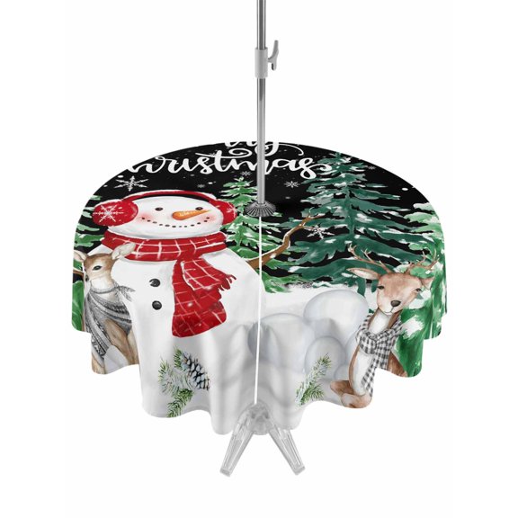 Outdoor Tablecloth with Umbrella Hole and Zipper, Black Christmas Round Table Cloth 54 Inch Waterproof Tablecloth, Snowman Xmas Pine Trees Elk Snowflake Picnic Table Cover for Patio Camping