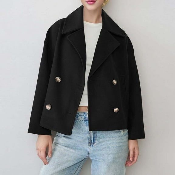 YueHuiYing Women's Solid Color Short Trench Coat Long Sleeve Lapel Double Breasted Jacket Fashion Casual Outerwear