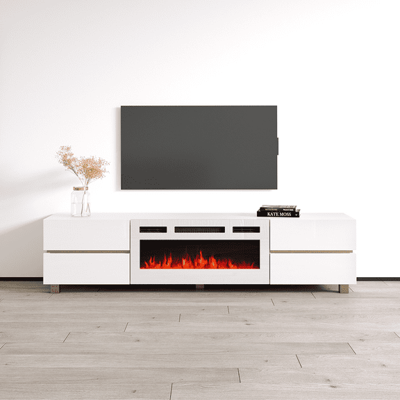Bono 01 WH-EF Fireplace TV Stand for TVs up to 80", Modern High Gloss 71" Entertainment Center, Electric Fireplace TV Media Console with Storage Cabinets