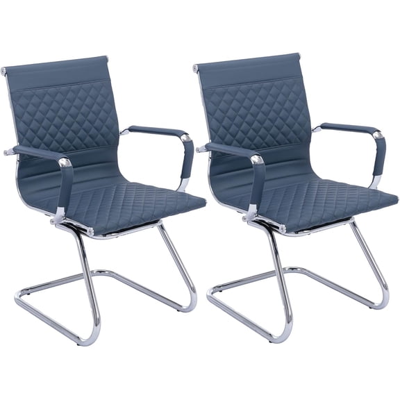 VESCASA Office Guest Chairs with Rhombic Grid Design Back, Faux Leather Reception Chairs with Arms for Meeting/Waiting/Conference Room with Chrome Metal Sled Base, Set of 2, Navy Blue