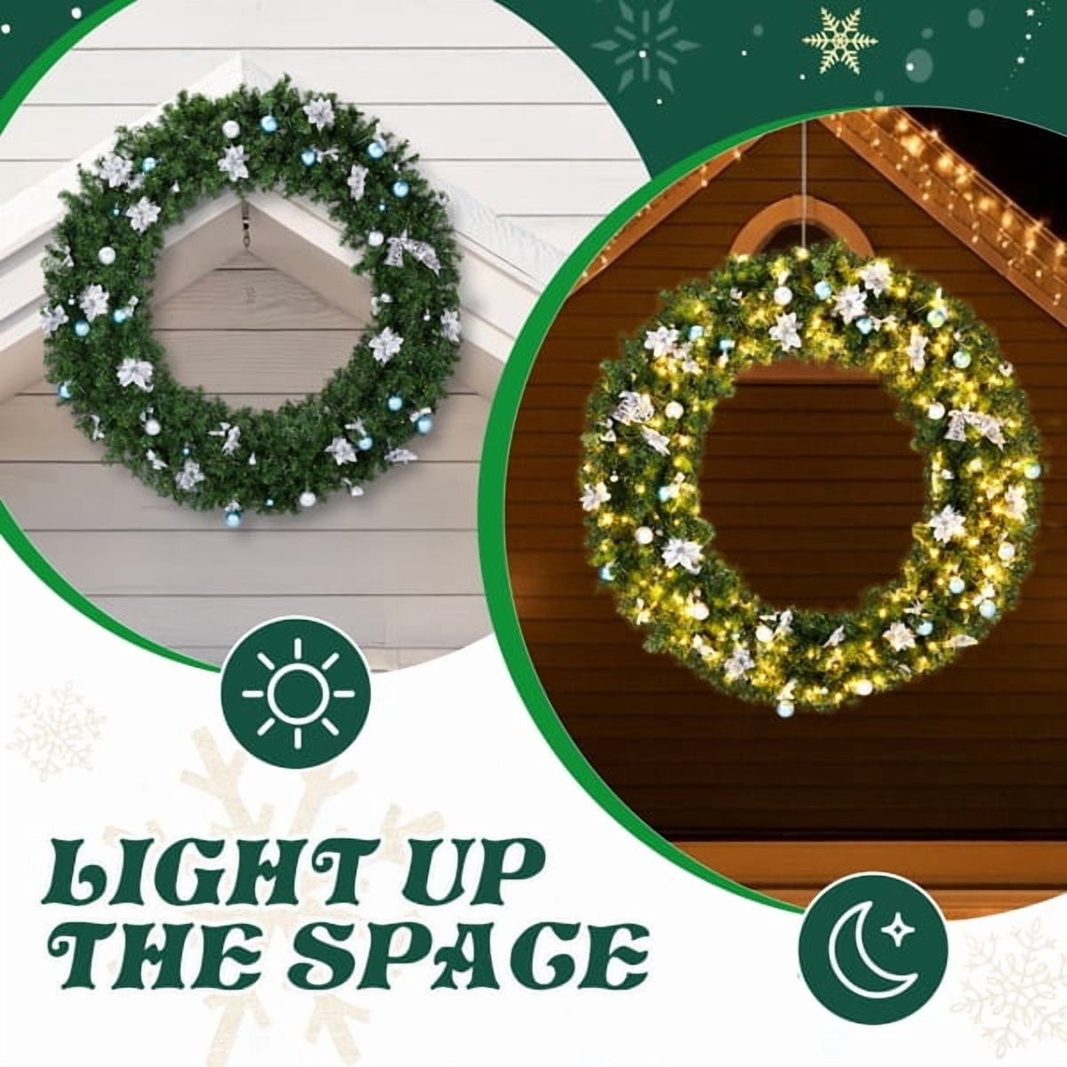 60in Lighted Artificial Christmas Wreath, 600 PVC Tips, 220 Warm/Cold White LEDs (11 Modes), DIY Ornaments for Front Door/Mantel/Gate