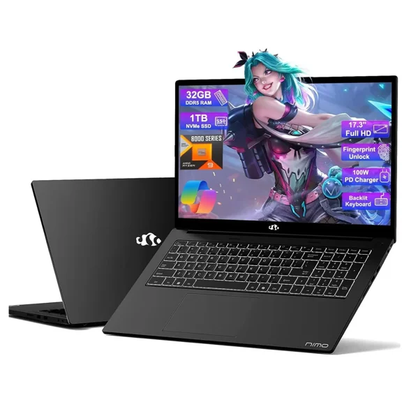 17.3 Gaming Laptop Ryzen 9 8945HS (Beat i9-13900H, Up to 5.2GHz) 32GB RAM, 1TB SSD, Radeon 780M, PD 100W Type-C AI-Enhanced for Copilot VR Ready, Backlit Keyboard, Fingerprint, 75W Battery, Black
