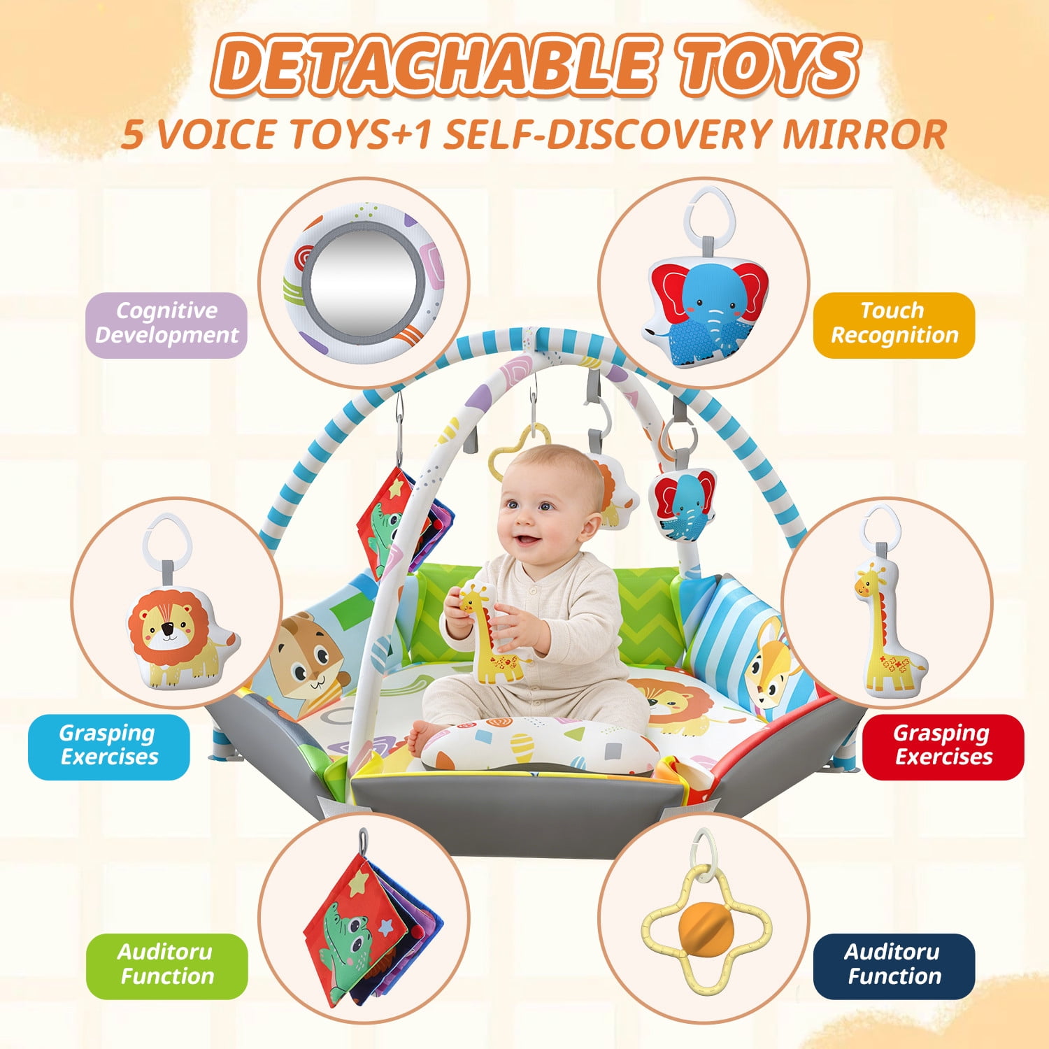 JoyStone Baby Gym Play Mat, 8-in-1 Tummy Time Mat, Infant Play Gym with 6 Detachable Toys, Washable Activity Mat & Ball Pit, Baby Toys Gift for Ages 0-18M