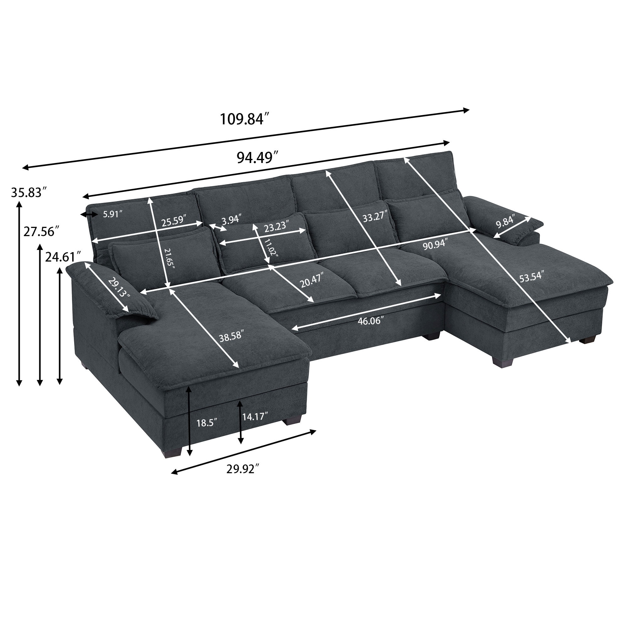 Soscana U Shaped Cloud Couch Sectional Sofa 4 Seat with Double Chaise, Modern Linen Sofa with Waist Pillows for Living Room Apartment Office Studio,Dark Gray