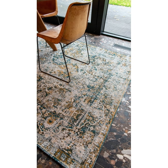 5' X 7' Blue and Green Abstract Non Skid Area Rug