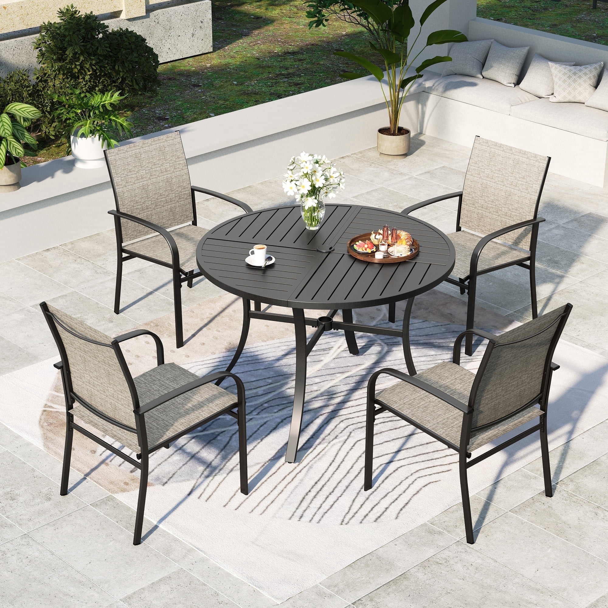 SUMMIT LIVING 5-Piece Outdoor Patio Dining Set with Metal Steel Round Table & Textilene Chairs for 4-Person, Black & Tan