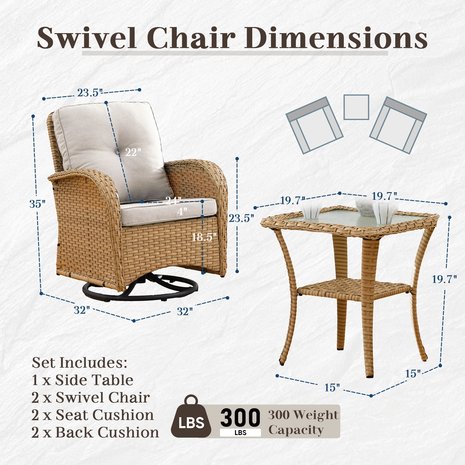 PARKWELL 3 Pieces Outdoor Swivel Gliders Rocker Set,High Back Wicker Patio Chairs with Side Table,Yellow Rattan Deep Seating Furniture with Non-Slip Beige Cushion for Porch Deck Backyard