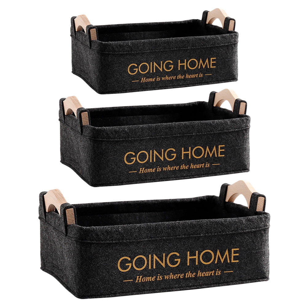 Milisten 3Pcs Black Baskets for Organizing Non-woven Fabrics with Wooden Handle Design for Living Room