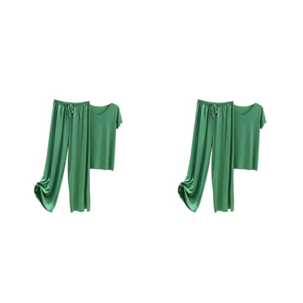 Qarigey Conjunto de pijama de seda helada para mujer, camiseta de manga corta con cuello en V, cintura elástica, pantalones sueltos, ropa de Verde 4XL 2Conjunto