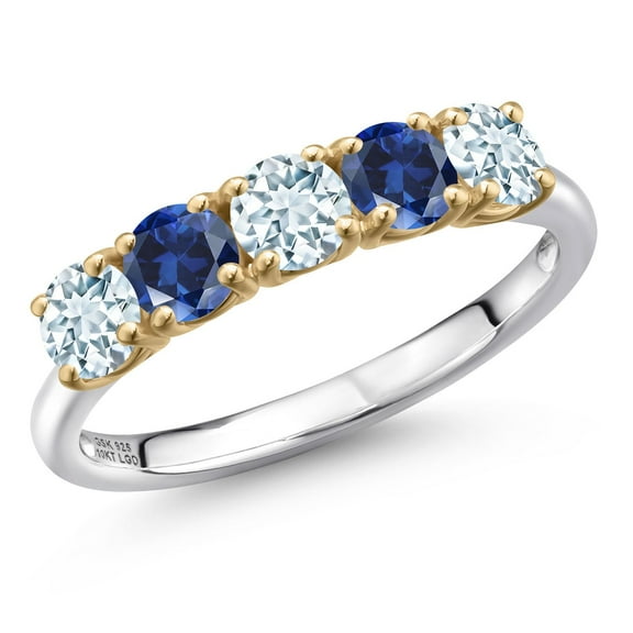 Gem Stone King 925 Silver and 10K Yellow Gold Sky Blue Aquamarine and Blue Created Sapphire Wedding-Bands Ring for Women | 1.25 Cttw | Round 4MM | Gemstone March Birthstone | Size 9