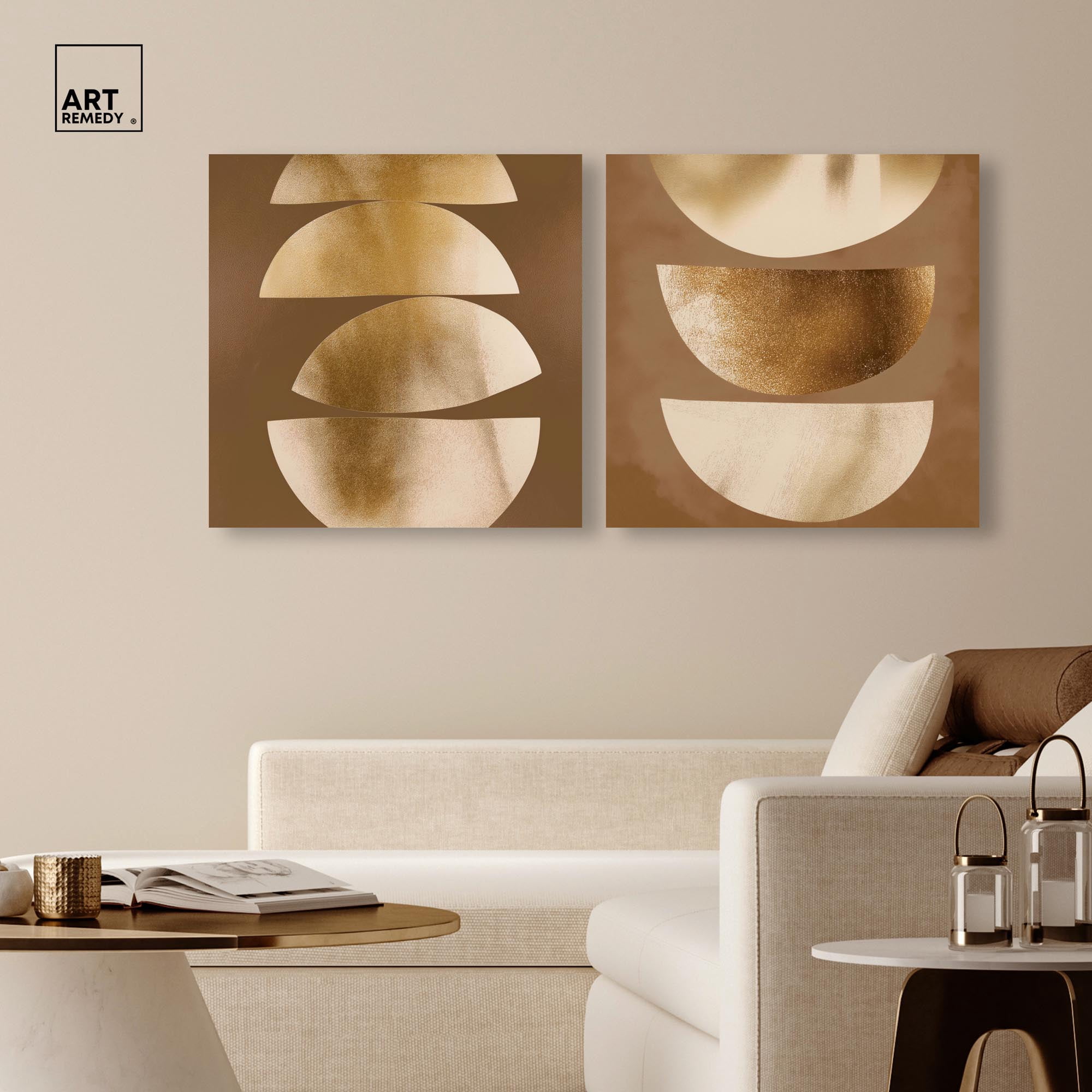 Gold Crescents Diptych Canvas Print Beige Wall Decor Set by Art Remedy, Gallery Wrapped, 24 x 24