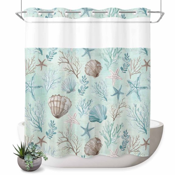 No Hook Shower Curtain, Turquoise Coastal Shower Curtains for Bathroom with See Through Top Window, Nautical Beach Ocean Starfish Coral Shells Waterproof & Washable Bath Curtain Standard 72"x72"