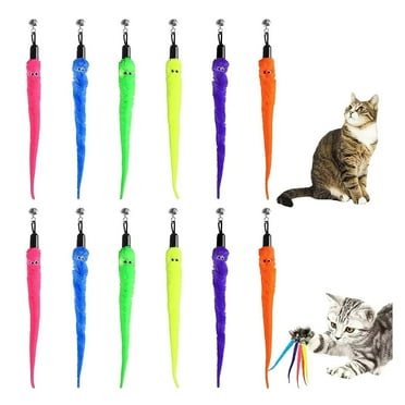 BESTSKY 12 Pcs Cat Wand Replacement Toys,Interactive Cat Teaser Refills with Bells,Long Cartoon Worm Design for Indoor Cats