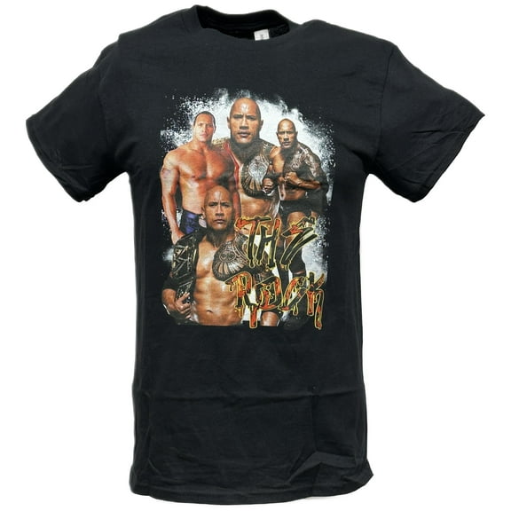 Dwayne The Rock Johnson Four Poses Black WWE T-shirt