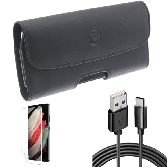 6ft USB Cable & Case Belt Clip & Matte Screen Protector for Samsung Galaxy S22 Plus (S22 ) - Combo Type-C Charger Cord Power & Leather Holster Cover & TPU Film Anti-Glare
