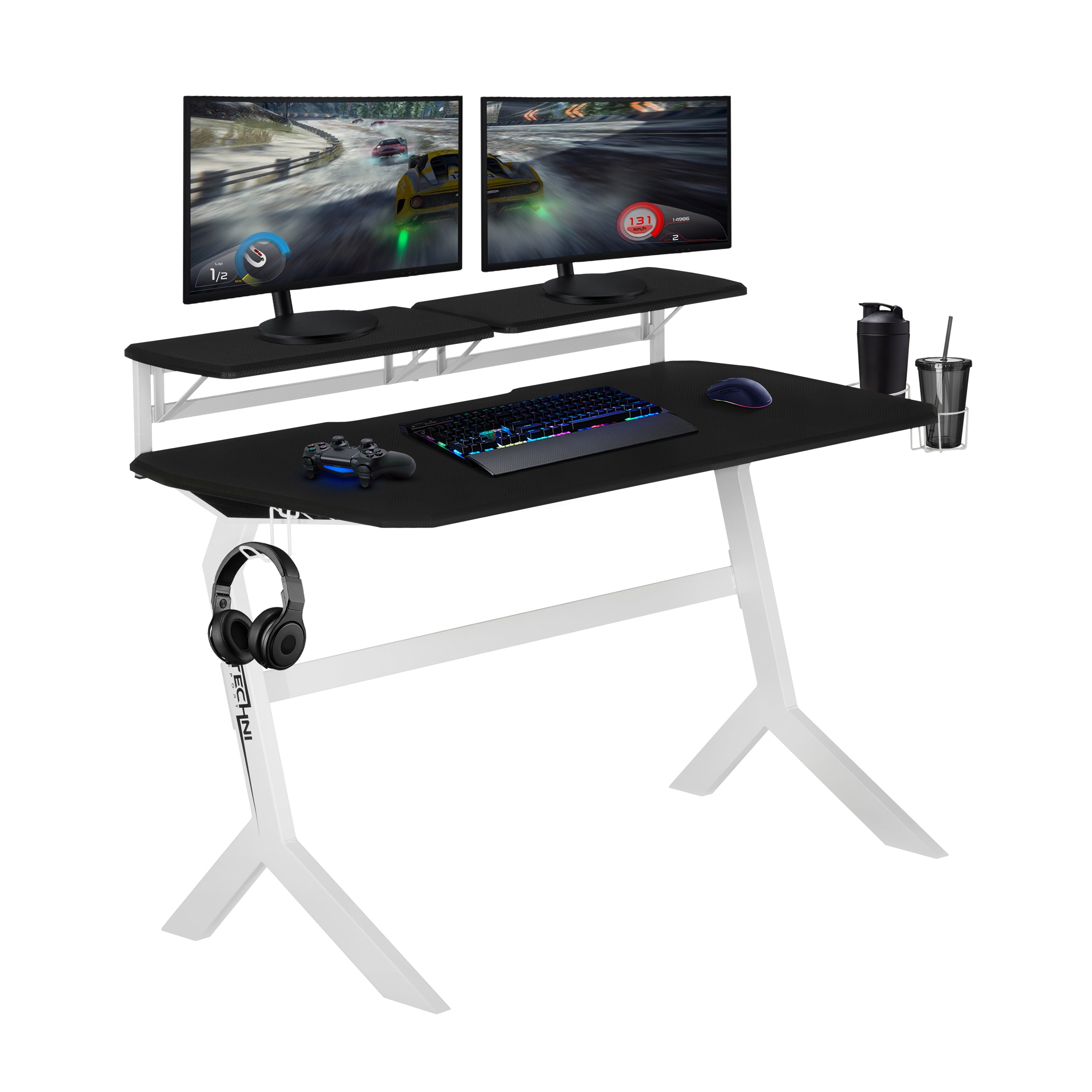 Techni Sport Gaming Desk - Two-Way Computer Desk with Elevated Monitor  Stands, CD Rack, Cup Holder, & Accessories Storage for a Complete Gaming  Setup