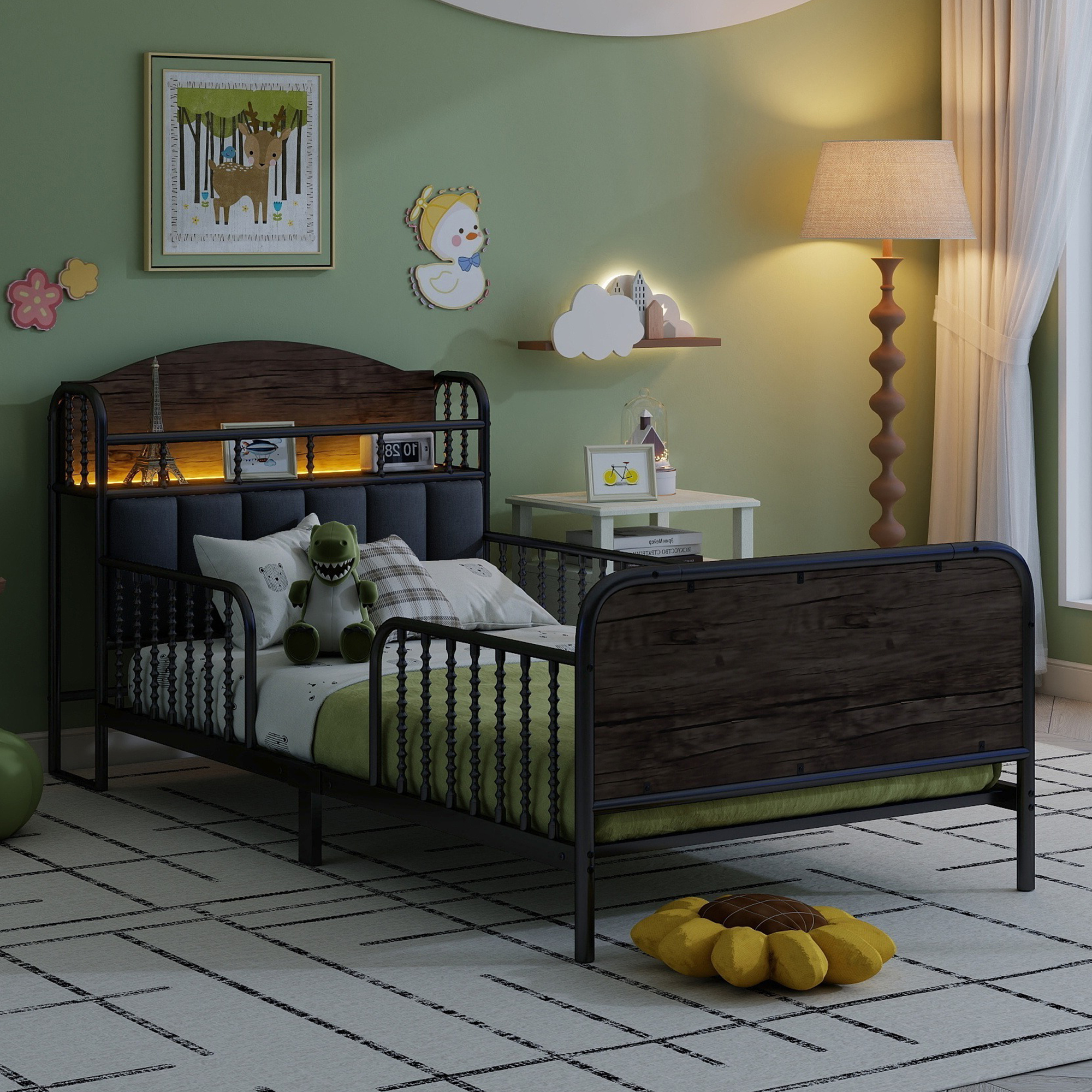 Euroco Metal Twin Size Platform Bed with Upholstered Headboard, Storage Shelves and LED Light, Black