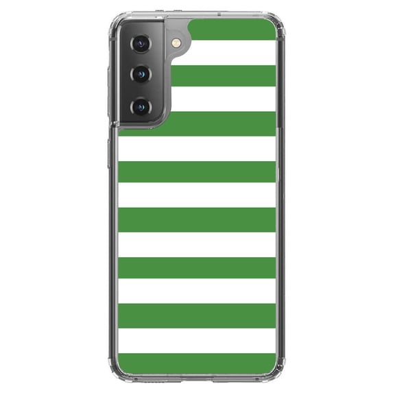 DistinctInk Clear Shockproof Hybrid Case for Galaxy S21  PLUS 5G (6.7" Screen) - TPU Bumper, Acrylic Back, Tempered Glass Screen Protector - Green & White Bold Horizontal Stripes