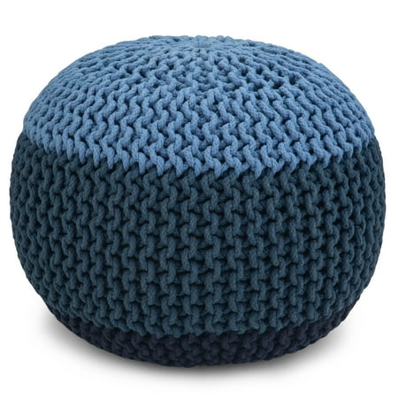 Simpli Home - Nikki Round Contemporary Polystyrene/Knitted Cotton Pouf - Blue/Navy Blue