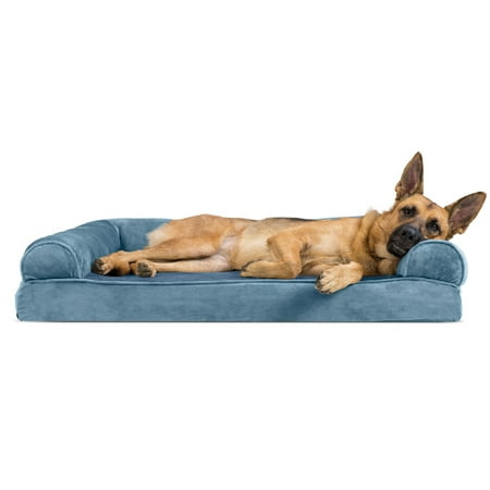 UPC: 0842229106671 | FurHaven Pet Products Faux Fur & Velvet Memory Top Sofa-Style Pet Bed for Dogs & Cats – Harbor Blue Jumbo