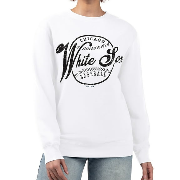 Women's G-III 4Her by Carl Banks White Chicago White Sox Distressed Baseball Team Fleece Pullover Sweatshirt