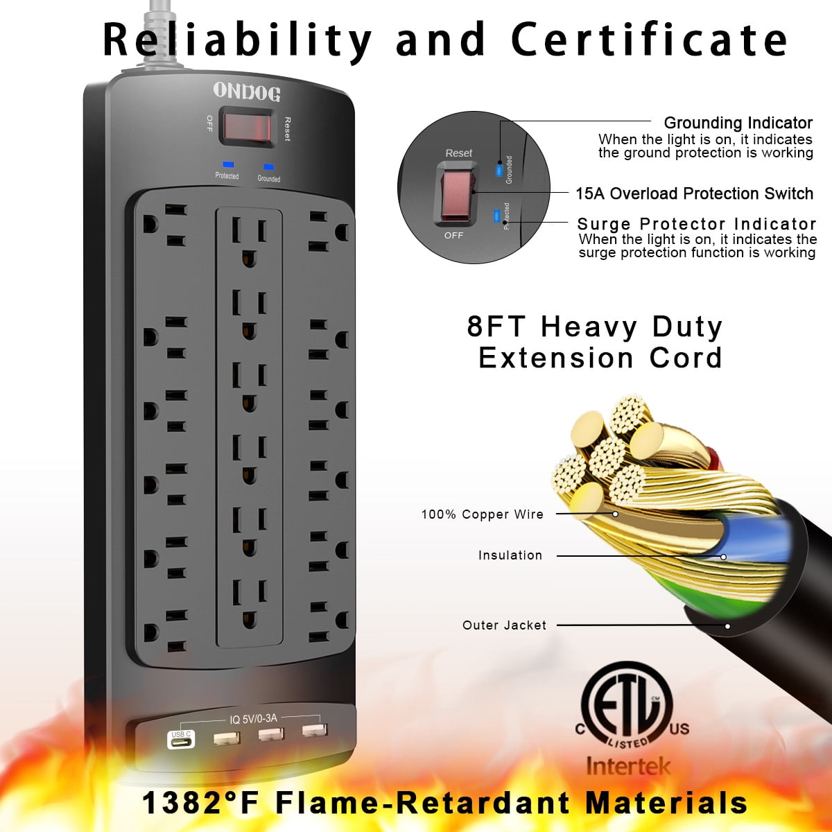 Surge Protector Power Strip(2100J) - 18 Outlets and 4 USB Ports (1875W/15A), 6ft Power Cord for Home, Office, Dormitory, Black