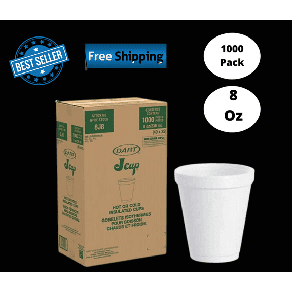 Dart 8-Oz. Foam Cups, Styrofoam Cups Disposable1000 ct. - White