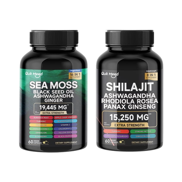 Paquete de 120 unidades de musgo marino y shilajit, con musgo marino, semilla de bla, ashwagandha, jengibre, raíz de bardana, cúrcuma y pimienta bla