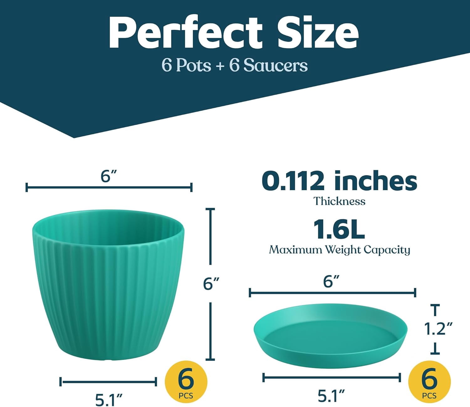 Aqua 6-Inch Plant Pots with Drainage & Saucers 6 Pack, Indoor & Outdoor Planters for Houseplants, Herbs, and Flowers, Durable & Weatherproof Material, Stackable, Lightweight, Minimalist Design