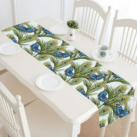 

MYPOP Beautiful Peacock Feather Table Runner Placemat 16x72 inches Summer Butterfly Tablecloth for Office Kitchen Dining Wedding Party Home Decor
