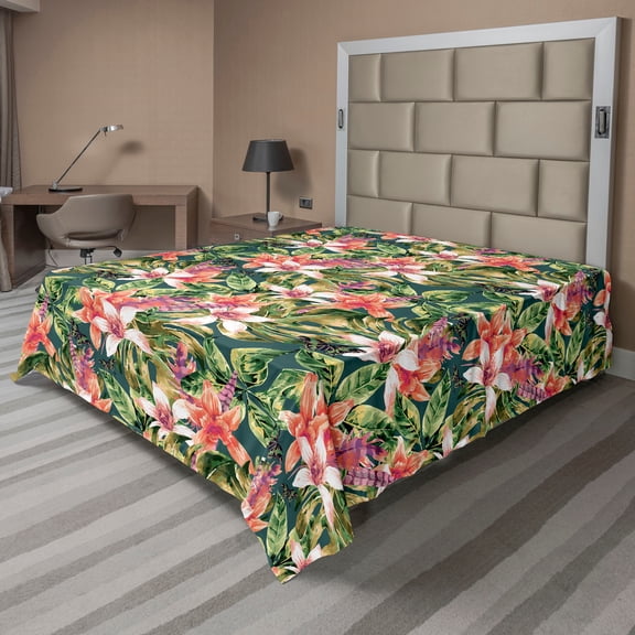 Ambesonne Tropical Flat Bedding Sheet Soft Top Sheet, Exotics Hawaii Leaves Art, California King, Dark Coral Fern Green